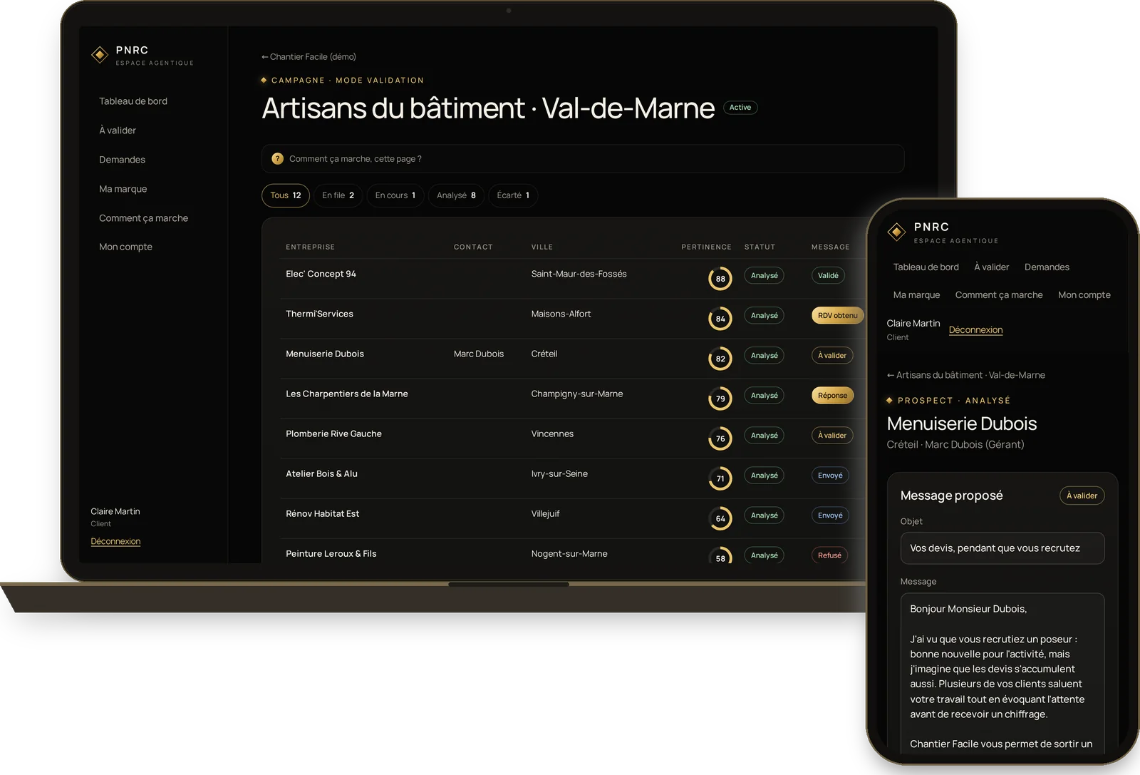 L’espace client PNRC : liste des entreprises d’une campagne avec score de pertinence et statut des messages, et la fiche d’un prospect sur mobile