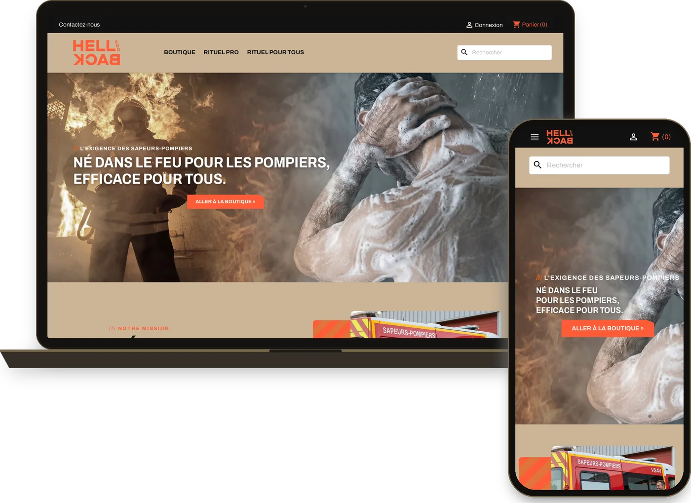 La boutique en ligne Hell and Back, soins inspirés des sapeurs-pompiers, sur ordinateur et sur téléphone